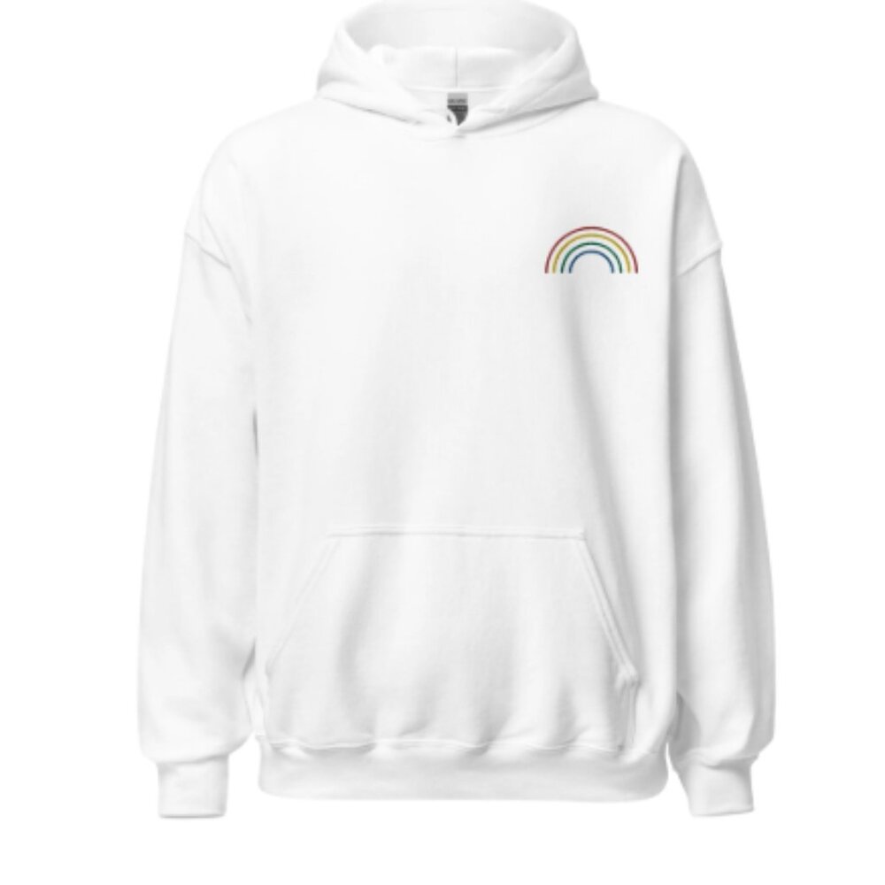 Sundown by River + Sky White Hoodie with Rainbow Detail